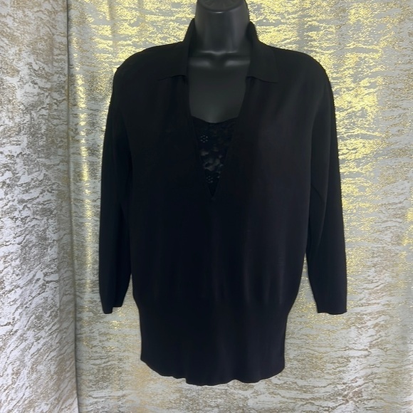 Mulberry Black V- Neck Mesh Details Knit Sweater Size XL - Picture 2 of 12